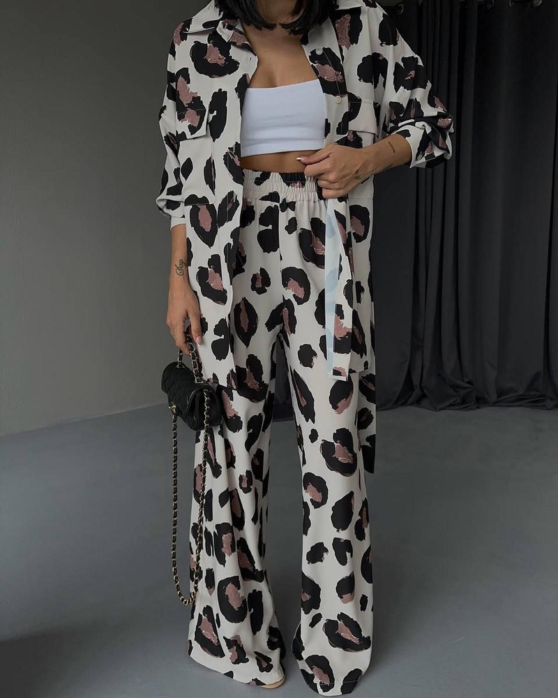 Ensemble deux pièces décontracté pour femme, chemise à manches longues et pantalon large, design imprimé, nouvelle collection automne 2025_voghion.com