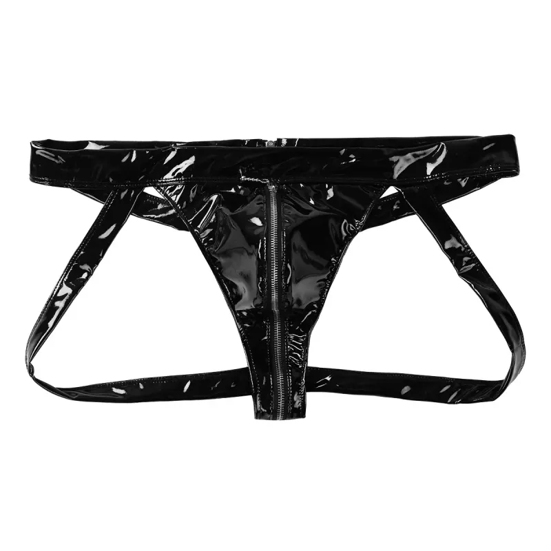 Sexy Mens Underwear WetLook Patent Leather Bfs Panties Butt Hollow Out Gay Jockstrap Zipper Open Crotch Bondage_voghion.com