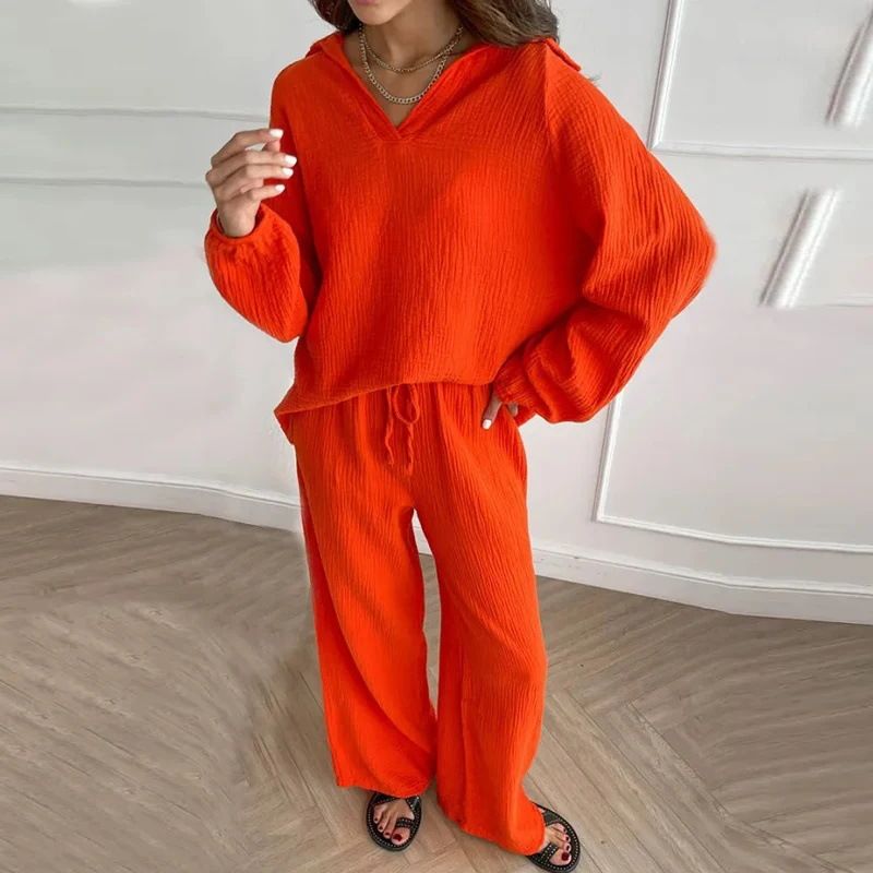 Completo da donna in cotone e lino, cardigan, maglia a maniche lunghe, pantaloni a gamba larga e tasche, completo due pezzi_voghion.com