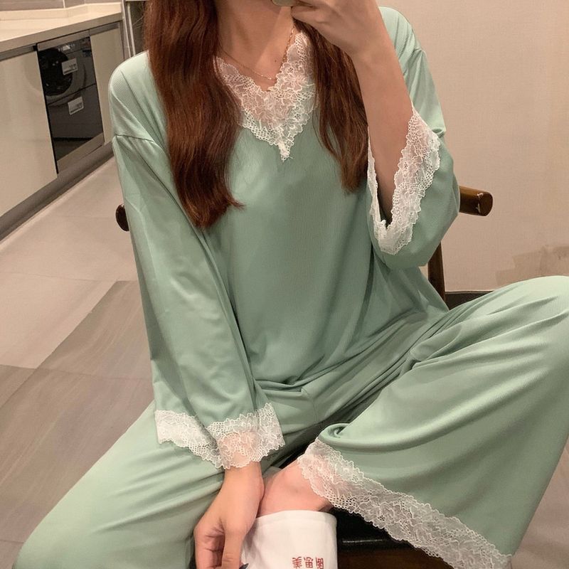 Pigiama casual e comodo in seta ghiacciata da donna, estivo e autunnale, nuovo set di due pezzi in pizzo con pantaloni a maniche lunghe_voghion.com