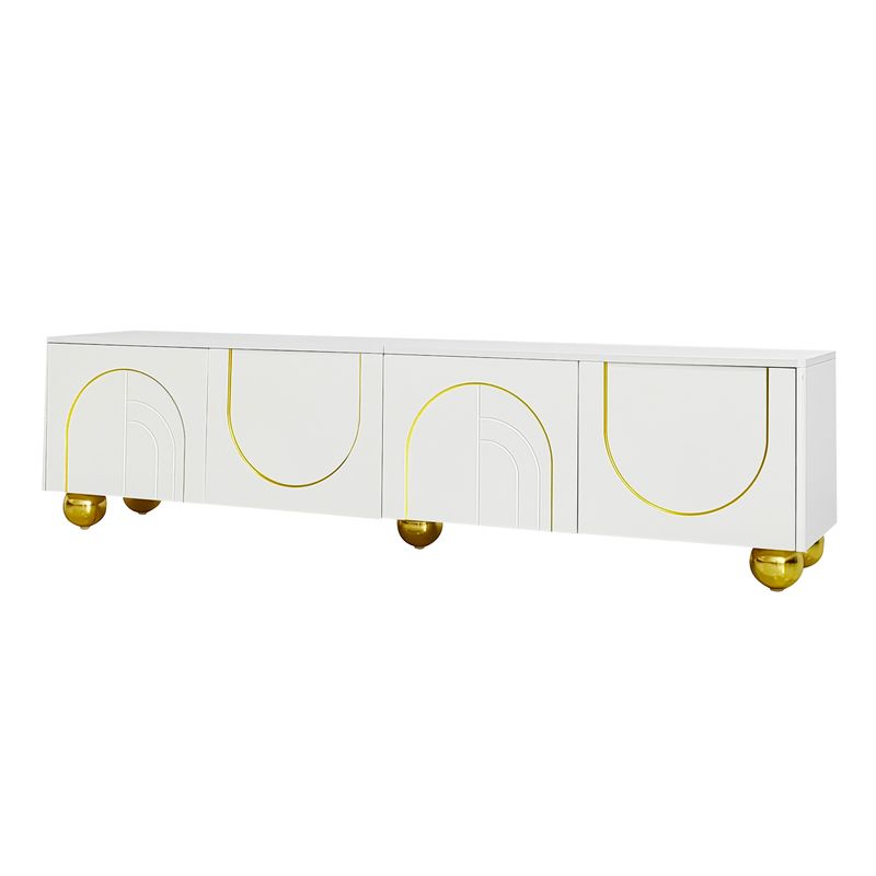 Meuble TV avec portes structurées, décorations dorées et pieds ronds, étagères réglables incluses, ouverture par pression_voghion.com
