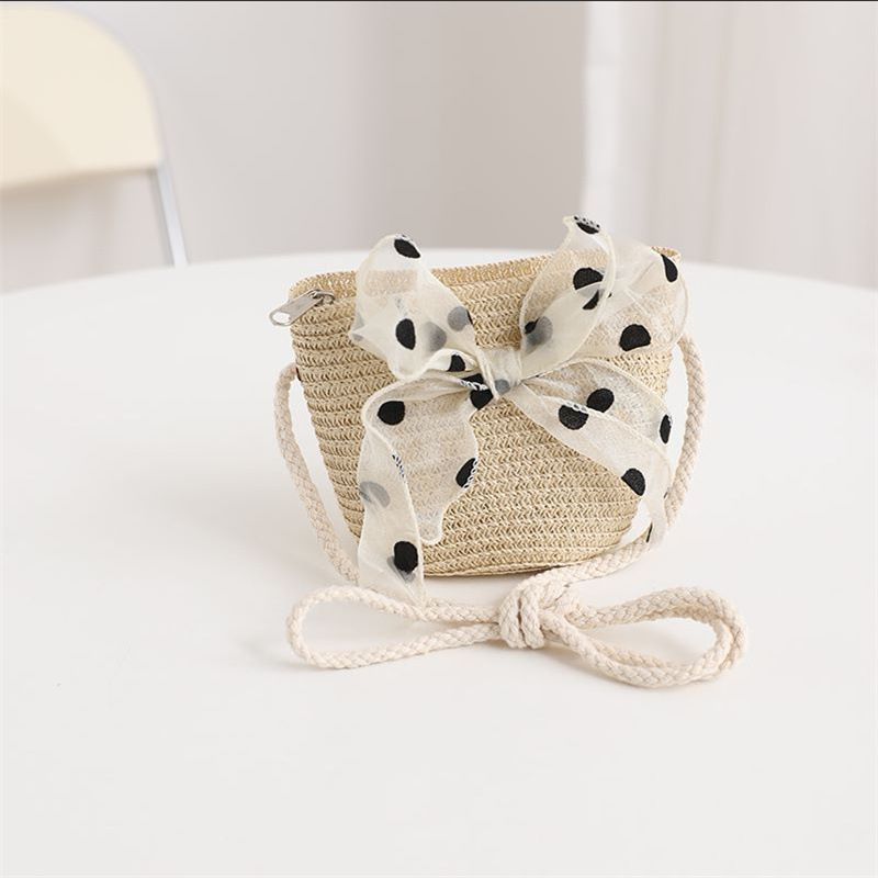 Nuovo set di cappelli e borse parasole con fiocco coreano a pois e onde di paglia per bambini, dolce e carino_voghion.com