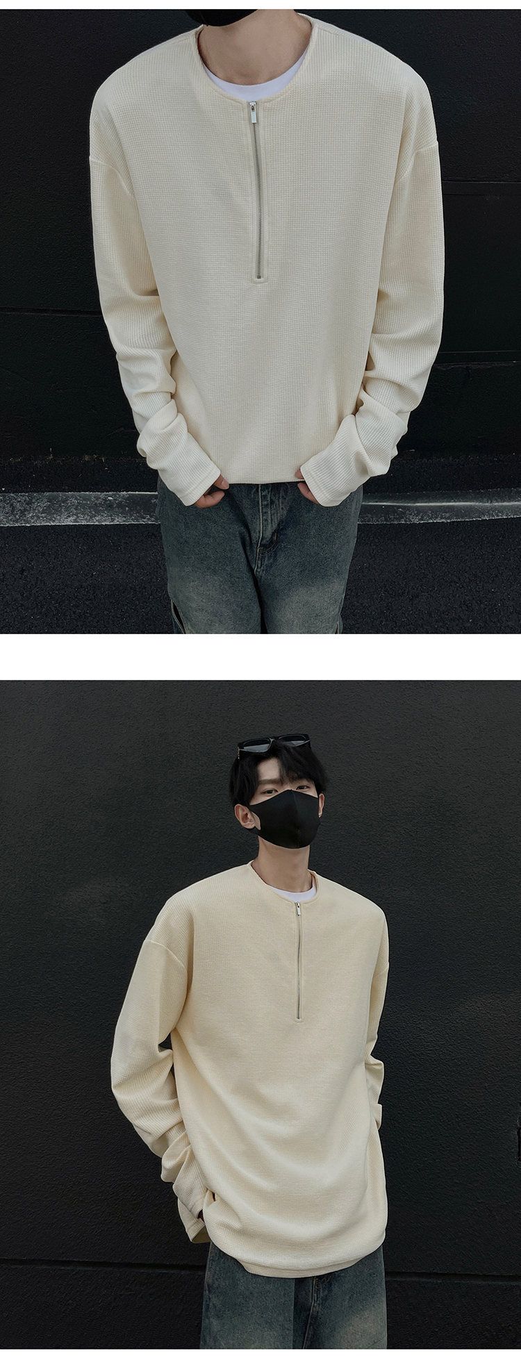 Unisex Autumn Couple Hoodie Long Sleeve Waffle Knit Pullover Loose Fit Casual T-Shirt (Black, Light Grey, Beige)_voghion.com