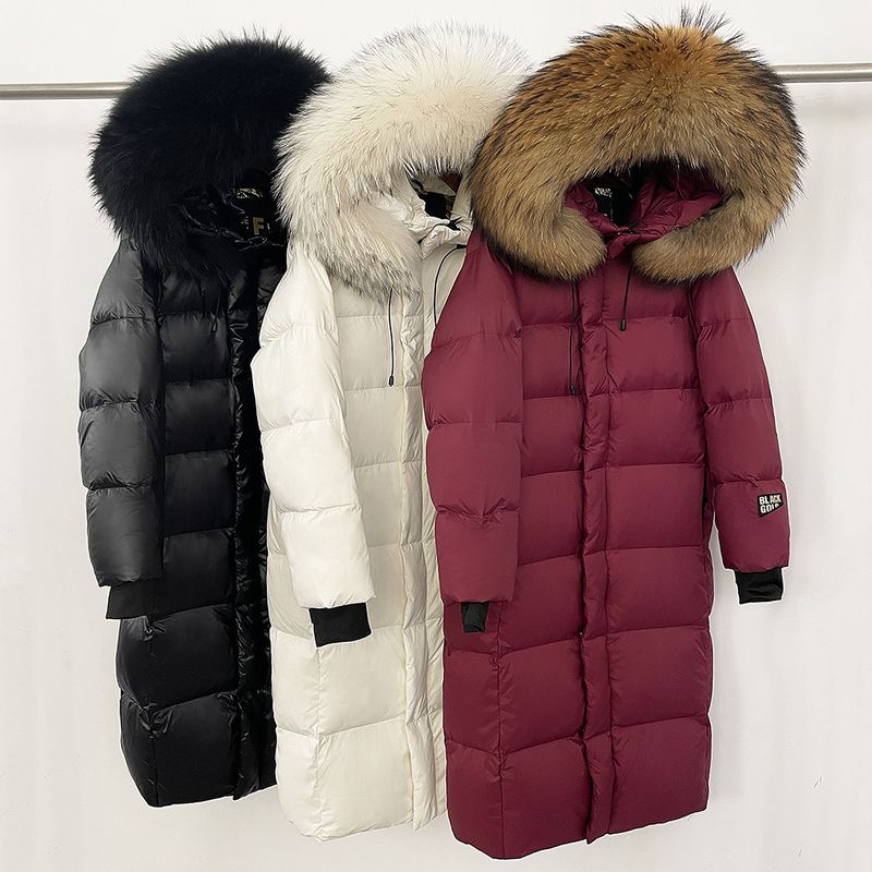 Luxus-Daunenmantel mit Fuchs-/Waschbärpelzkragen – Lange Winterjacke für Damen (Schwarz/Burgund/Creme, S-3XL)_voghion.com