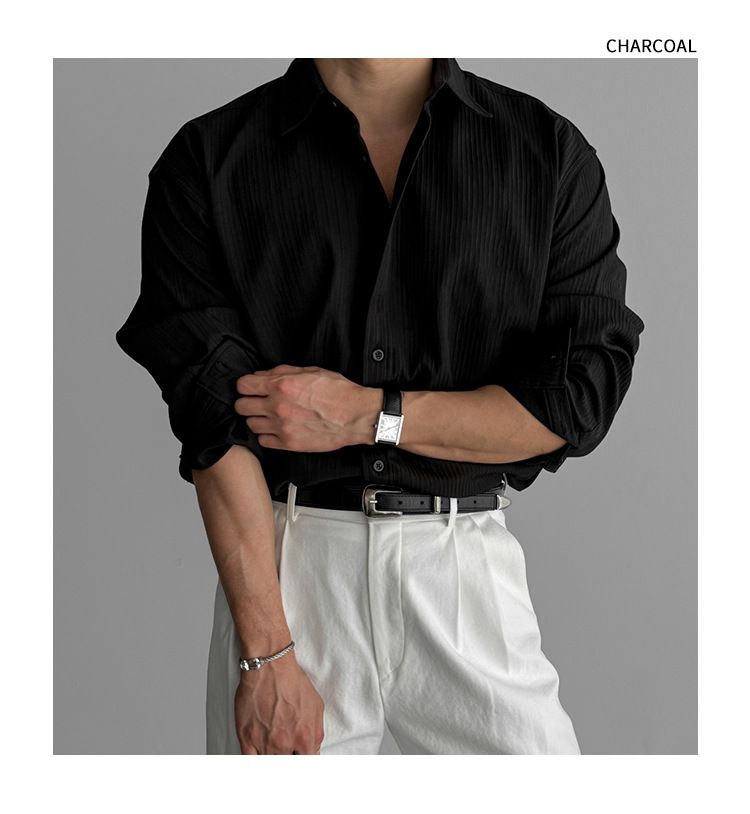 Camicia nera da uomo, camicia ampia primaverile a maniche lunghe da uomo, design di nicchia casual_voghion.com