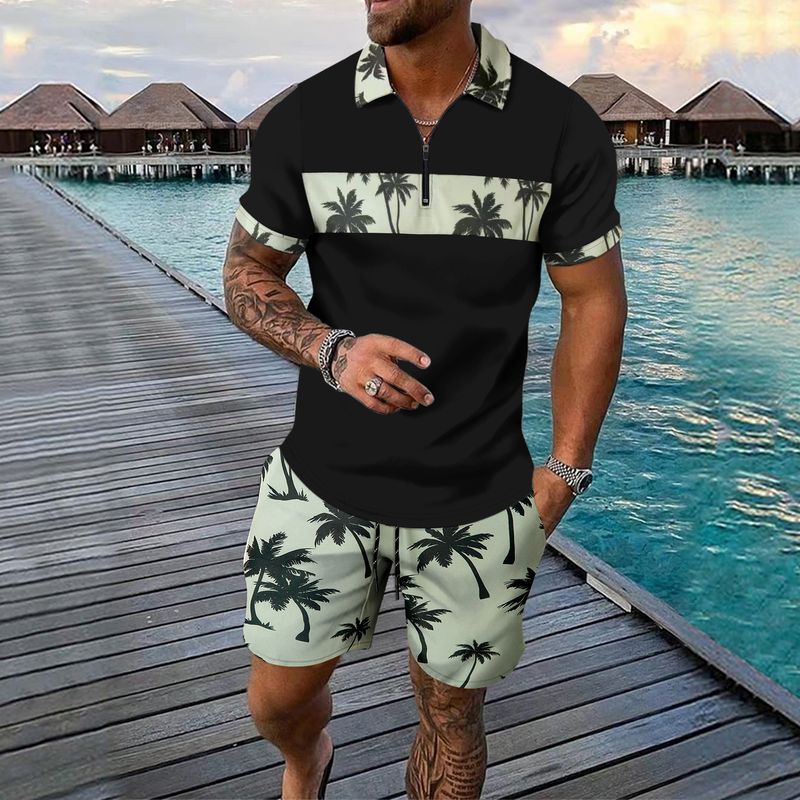 2-piece Men's Summer Holiday Style Outfit Set Short Sleeve Zip Golf Shirt & Waist Drawstring Shorts With Pockets Beach Resorts_voghion.com