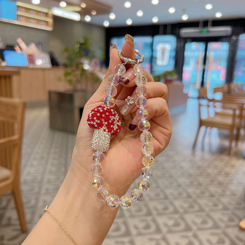 New Crystal Bead String Ceramic Mushroom Creative Rhombus Rhinestone Car Keychain Bracelet Bag Pendant_voghion.com