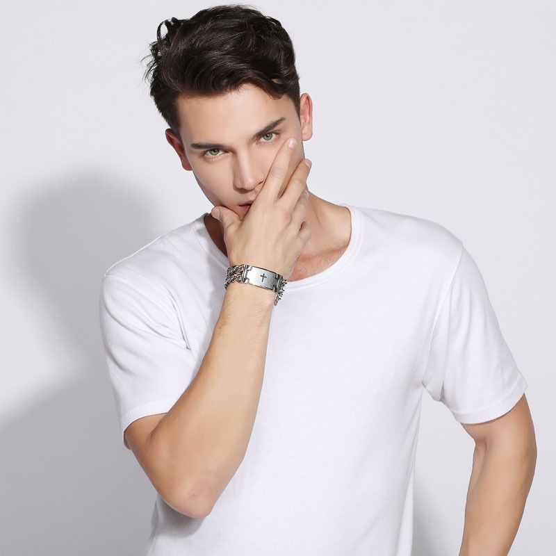 Bracciale in acciaio inossidabile con catena in titanio e doppia fila di jeans da uomo punk_voghion.com