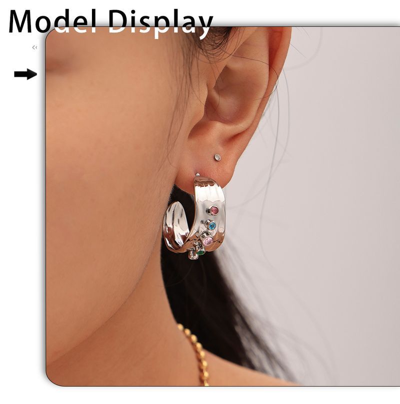 Mixed Zircon Open Ring C Shaped Earrings Stainless Steel Plated Real Gold Color Preserving Jewelry Set_voghion.com