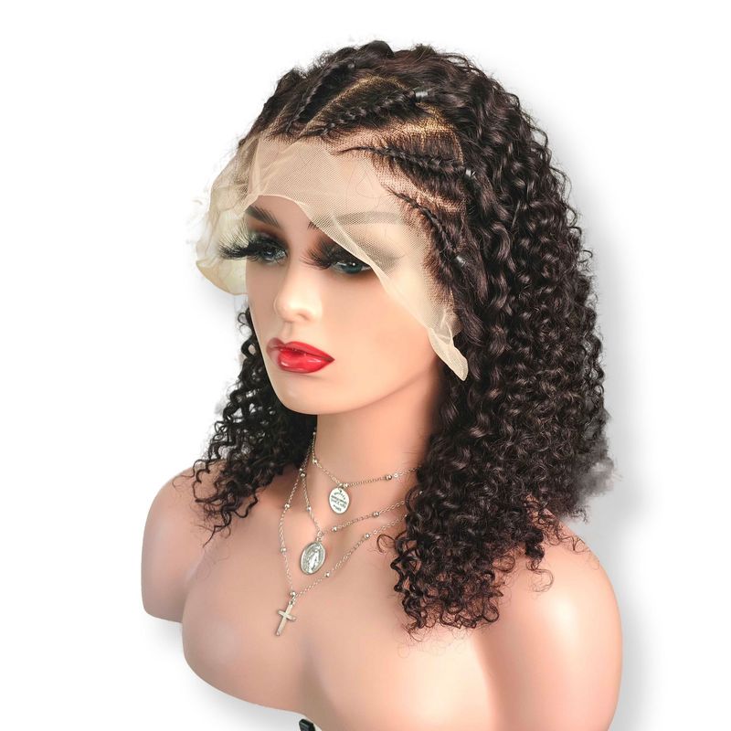 Kurze Bob-Perücke, lockiges Dreieck, knotenlose Box-Zopfperücken für Frauen, halbgeflochtene Perücke, 13 x 4 Spitzenfront, 100 % Echthaarperücken, Sale, geflochtene Jerry-Curly_voghion.com