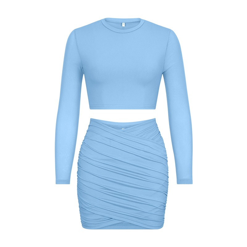 Women's long-sleeved patchwork mesh top pleated hip skirt casual two-piece set_voghion.com