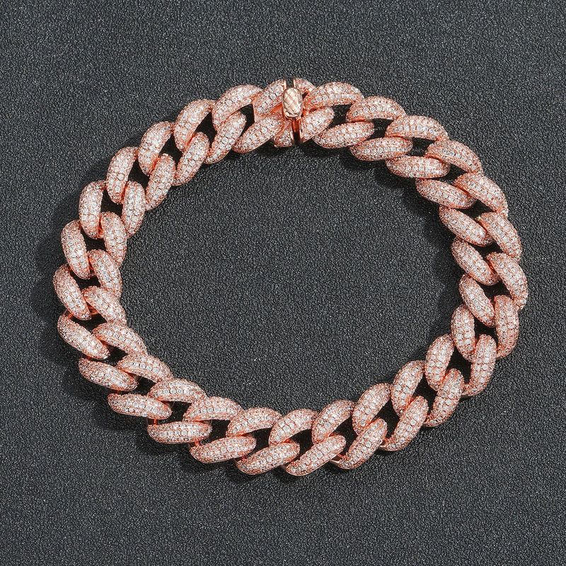 Colar Hip Hop Unissex com Corrente Bolha de 12mm, Corrente Cubana com 4 Fileiras de Zircônia, Ouro Rosa, Masculino e Feminino, Hip Hop, Tendência Simples_voghion.com