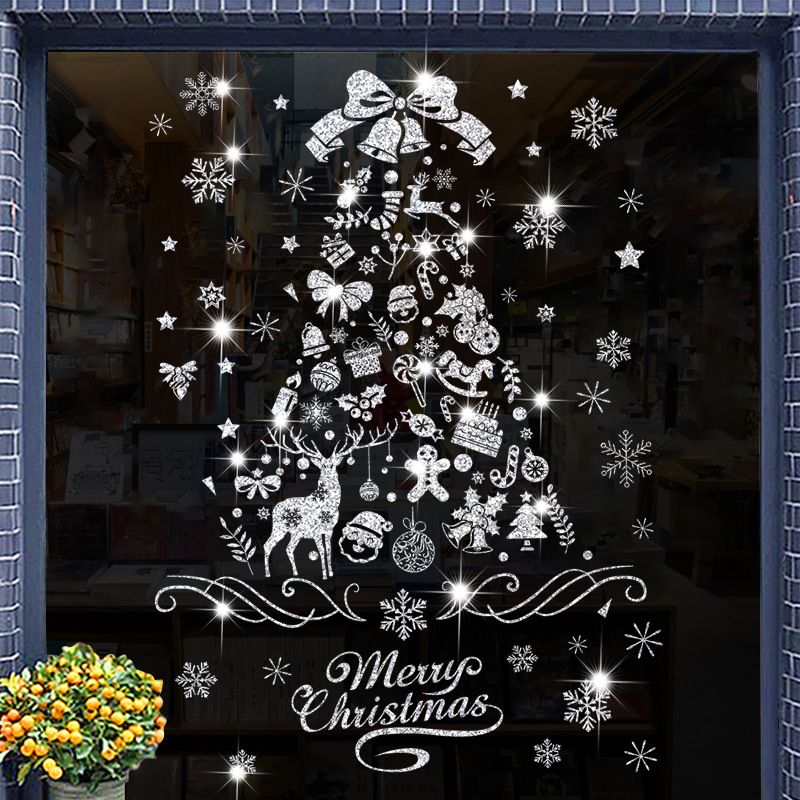 Calcomanías estáticas premium para ventana de árbol de Navidad - Juego de 4 pegatinas reutilizables (30 x 37 cm, acabado esmerilado dorado/plateado)_voghion.com