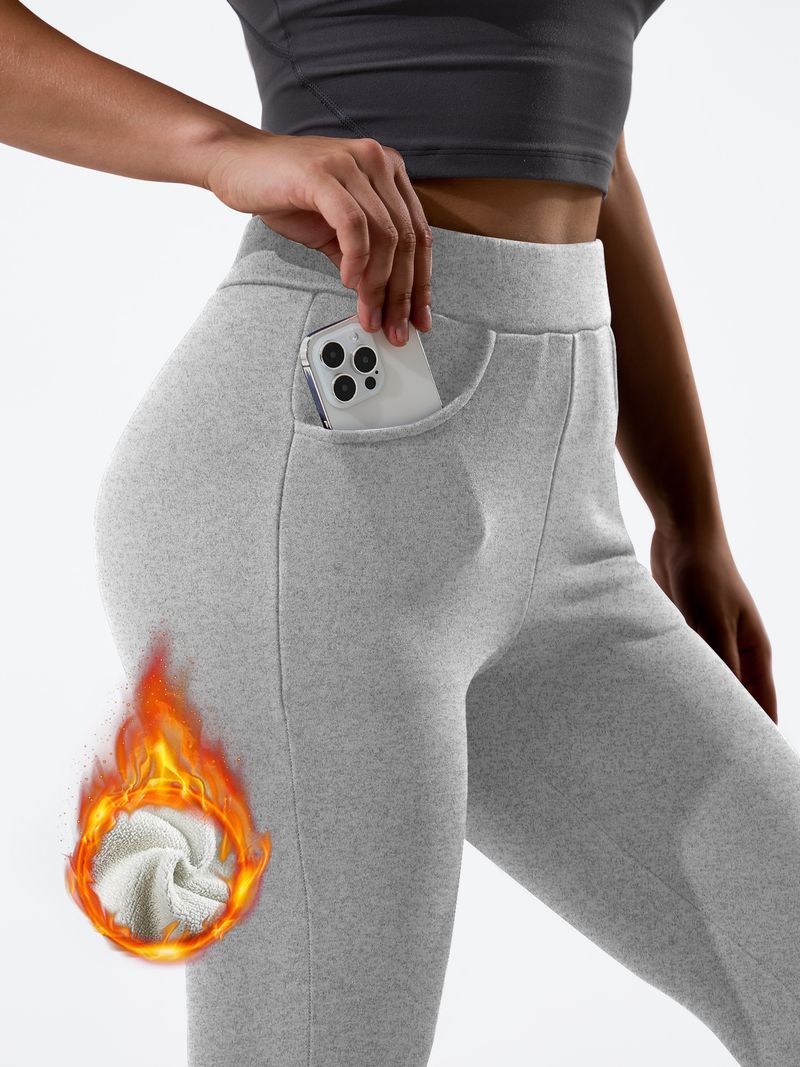 Pantaloni a zampa da donna a vita alta con tasche – Pantaloni a zampa elasticizzati caldi e foderati in pile per casual e allenamento (nero, grigio chiaro)_voghion.com