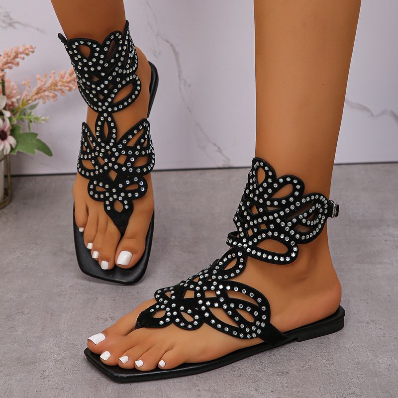 Large Solid Color 2025 Summer New Square Toe Water Diamond Hollow Fashion Women's Flat Sandals_voghion.com