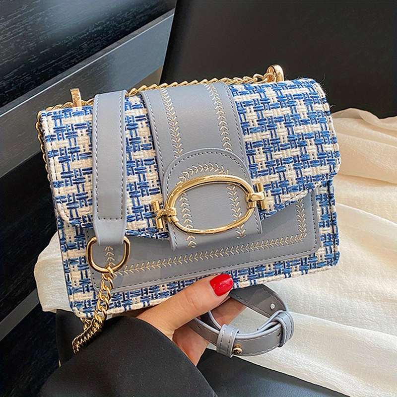 Mini Plaid Pattern Tweed Buckle Decor Shoulder Square Bag, Chain Crossbody Flap Purse For Everyday_voghion.com