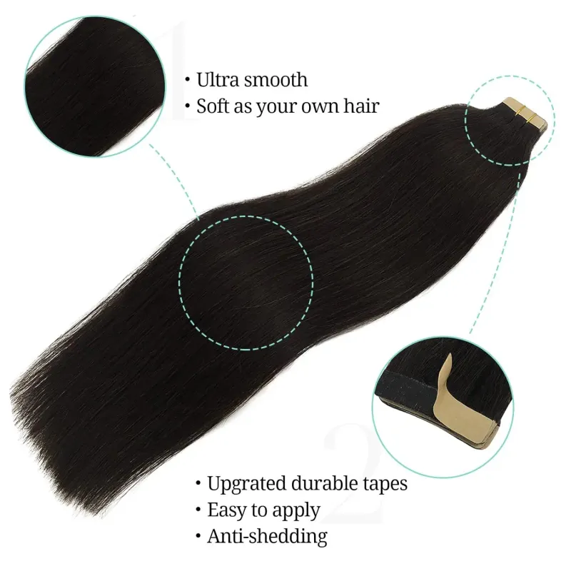 Tejphår, rakt, 100 % äkta människohår, 20 st, 50 g/förpackning, sömlösa, hudväftade tejphår, naturligt svart hår_voghion.com