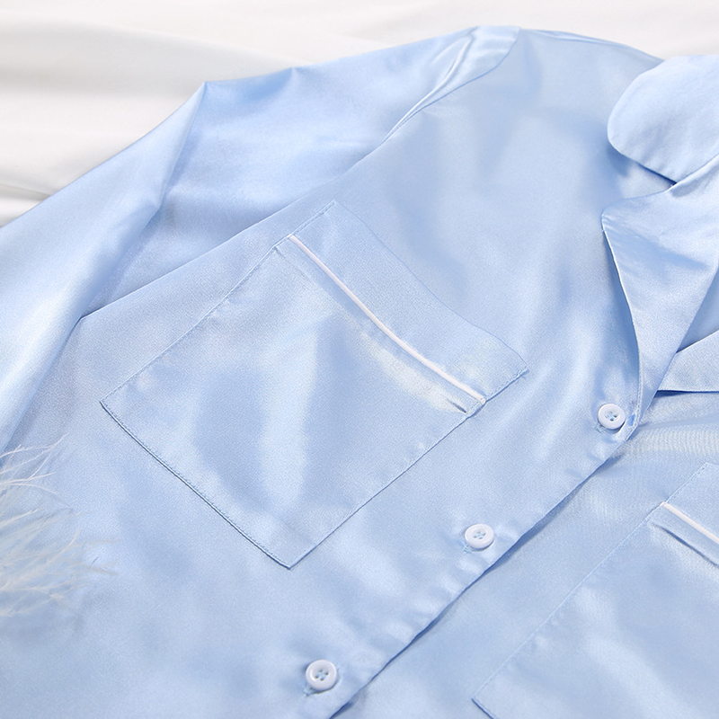 Women's dress pajamas Ice silk long sleeve feather women's homewear shorts satin suit_voghion.com