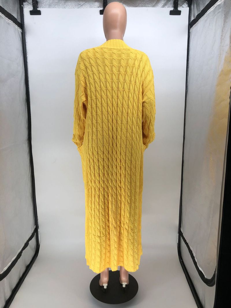 Damenbekleidung Locker gestrickte Strickjacke, gemütliche, übergroße Strickjacke mit Taschen, langer Zopfmuster-Pullovermantel, lockerer Boho-Chic, offene Vorderseite_voghion.com