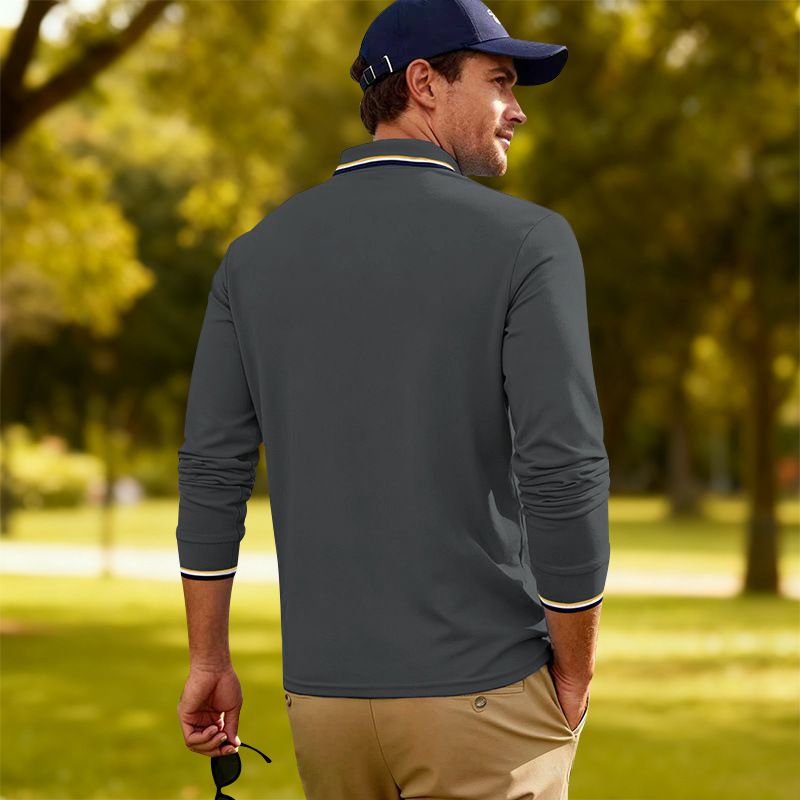 Men's Breathable Jacquard Polo Shirt - Loose Fit Long Sleeve Casual Top For Golf & Everyday Wear_voghion.com