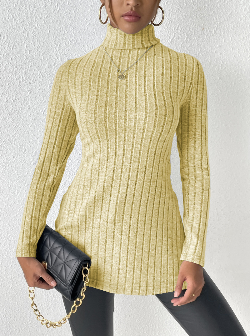 Women's turtleneck pullover slit slim-fit base pit striped medium length_voghion.com