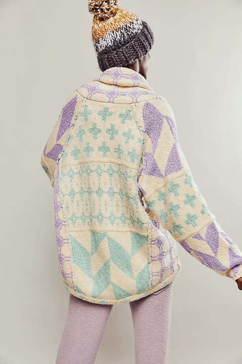 Damenbekleidung Strickpullover mit abstraktem Druck Lockere Langarm-Strickjacke für Damen mit Umlegekragen_voghion.com