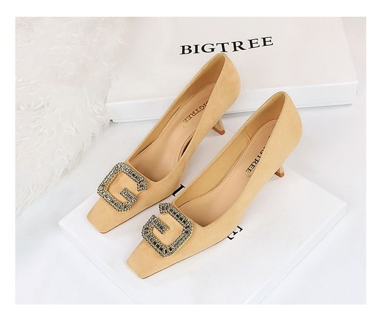 6183-K21 Stile Banchetto Tacco Alto Scamosciato Testa Quadrata Piccola Metallo Acqua Diamante Fibbia a Forma di G Primavera E Autunno Donna_voghion.com