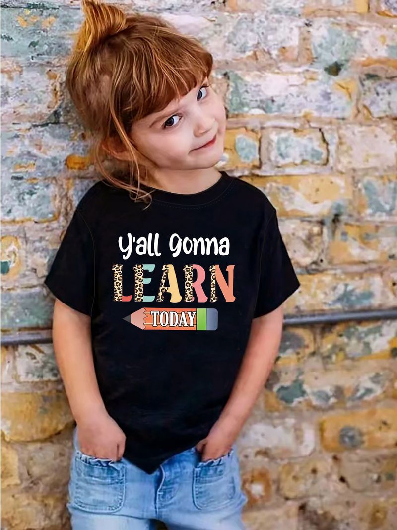 Kinderkleidung für Mädchen, T-Shirt mit Textmuster „LEARN“, Rundhalsausschnitt, kurzärmlig, Sommerkleidung für Kinder, geeignet für 1–8 Jahre_voghion.com