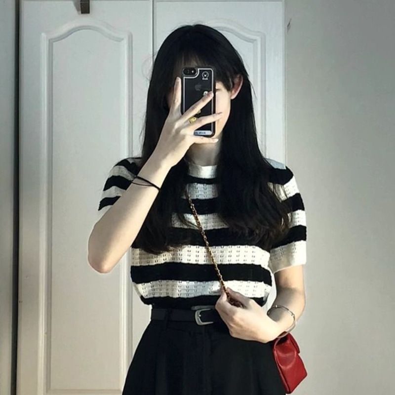 Camicia a righe in stile Hong Kong, bellissima maglia a maniche lunghe fino alle spalle, design snellente estivo da donna, Niche_voghion.com