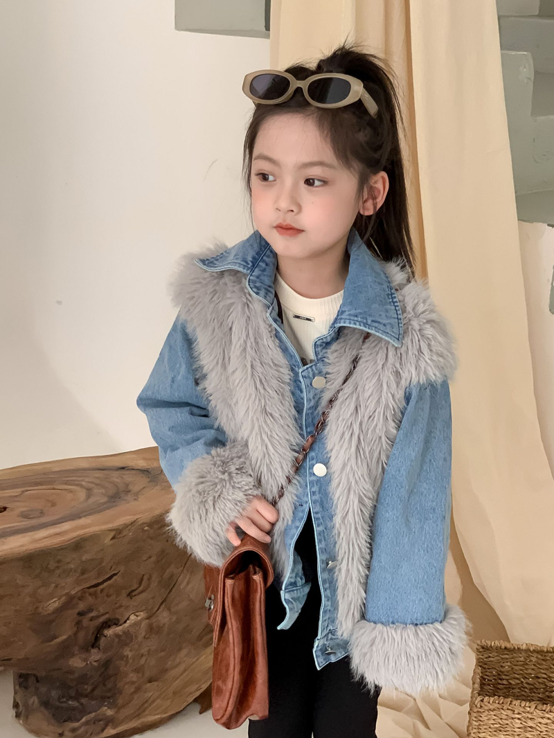 La torta per bambini supera lo stile hipster Cappotto ispessito in pelliccia di jeans patchwork in pelliccia di volpe imitazione per ragazza invernale per bambini_voghion.com