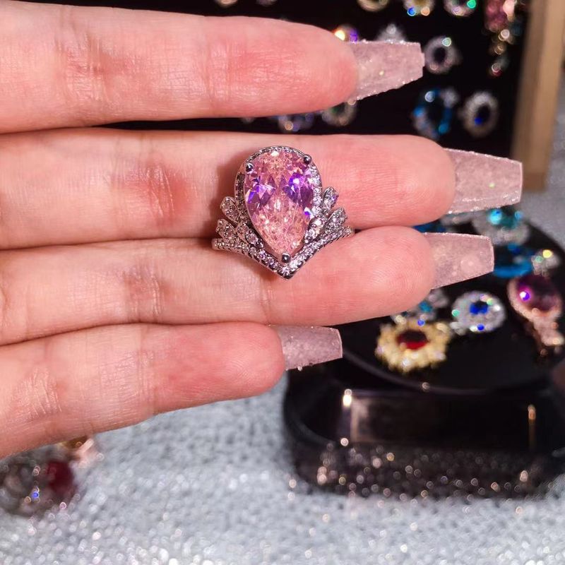 Anello di fidanzamento aperto con diamante rosa a forma di goccia d'acqua e moissanite simulata da donna, di lusso e alla moda._voghion.com