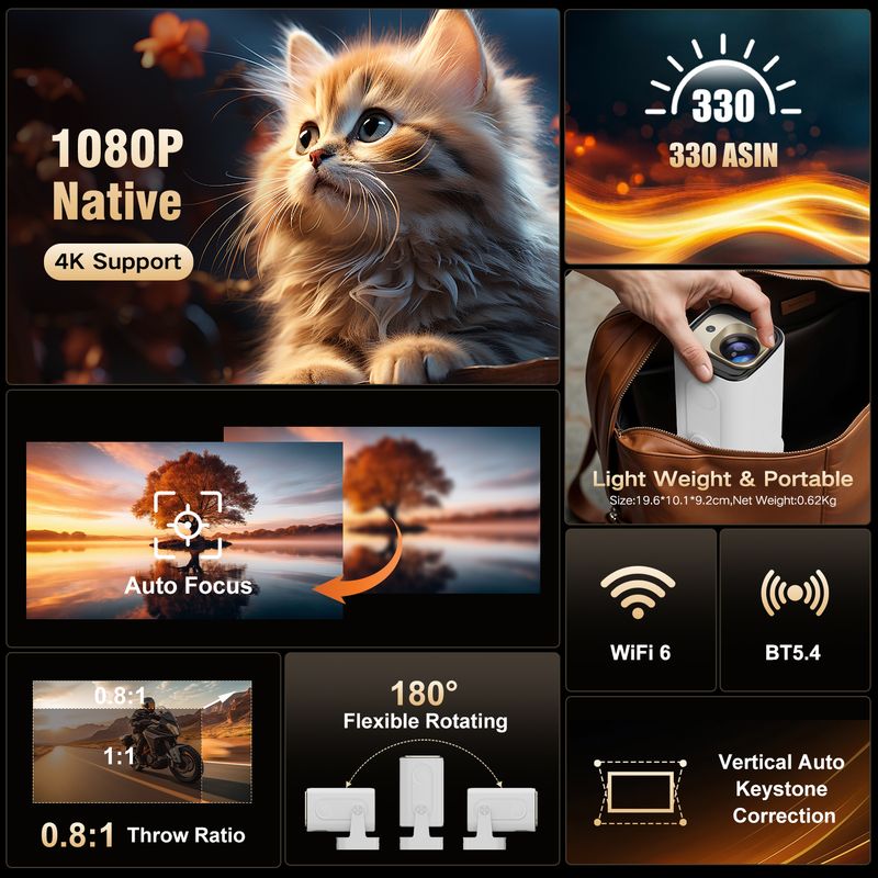 HY260 Android 11 Projector 4K Native 1080P Auto Focus Native 330ANSI Dual Wifi BT5.4 Air Mouse Voice Home Outdoor Movie_voghion.com