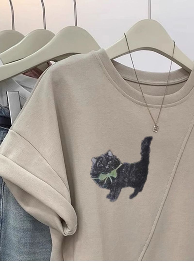 Tricou pentru femei cu mânecă scurtă din bumbac pur și imprimeu pisică, top scurt neregulat de vară pentru femei_voghion.com