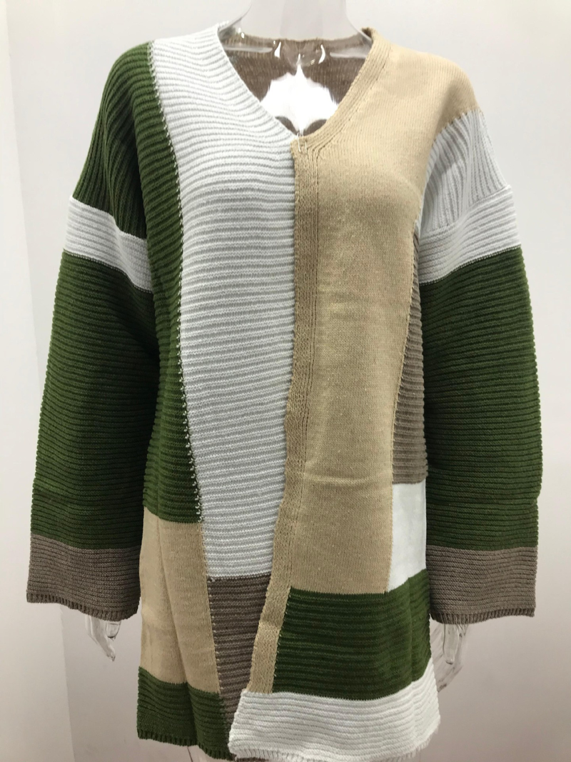 Women's large size loose geometric color matching sweater cardigan_voghion.com