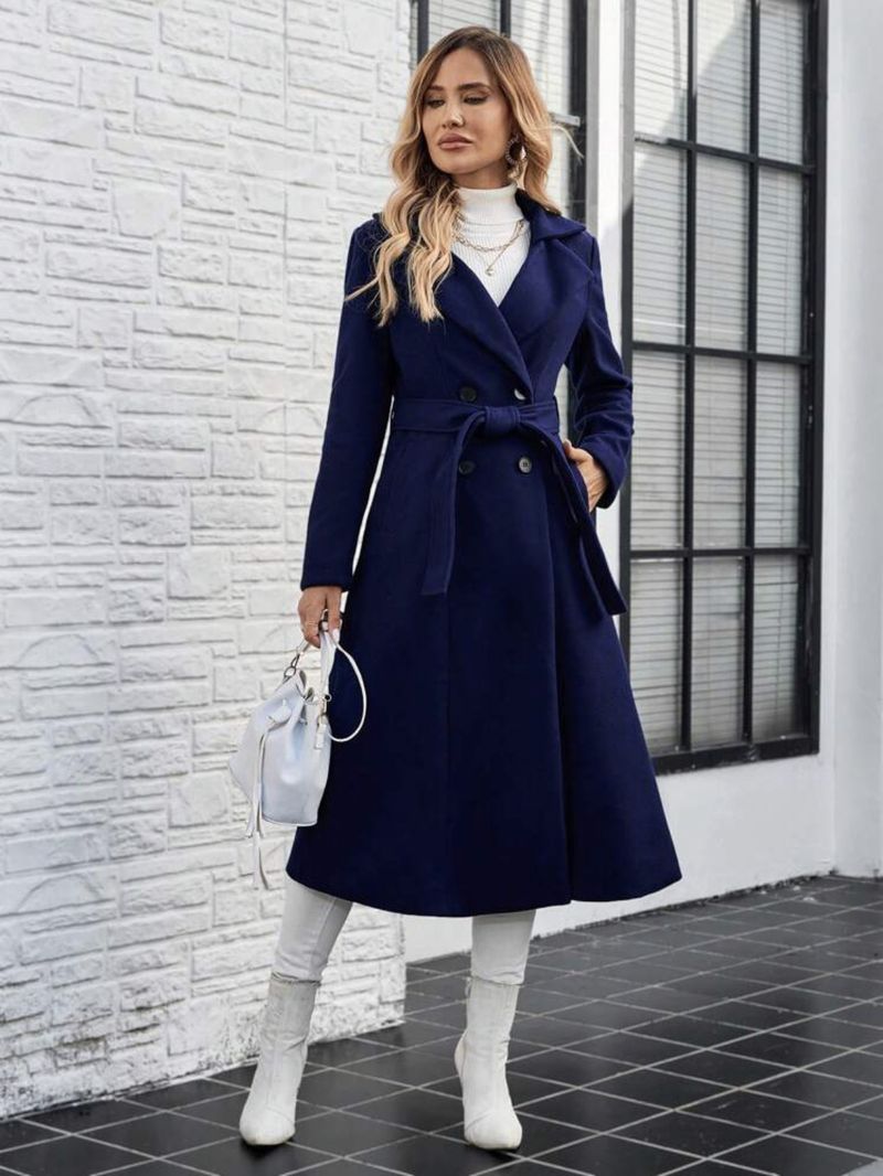 Women's Long Double Breasted Trench Coat With Notched Lapel & Belt - Wool Blend Overcoat In Black/Green/Khaki/Charcoal/Check For Fall Winter_voghion.com