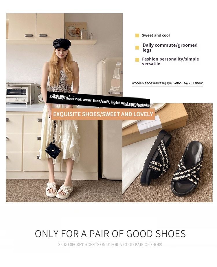 Chinelos Fragrant Wind Thick Sole Cross Cool para Mulheres Outwear 2024 Verão Novo Design Pequeno e Popular Pearl Beach_voghion.com