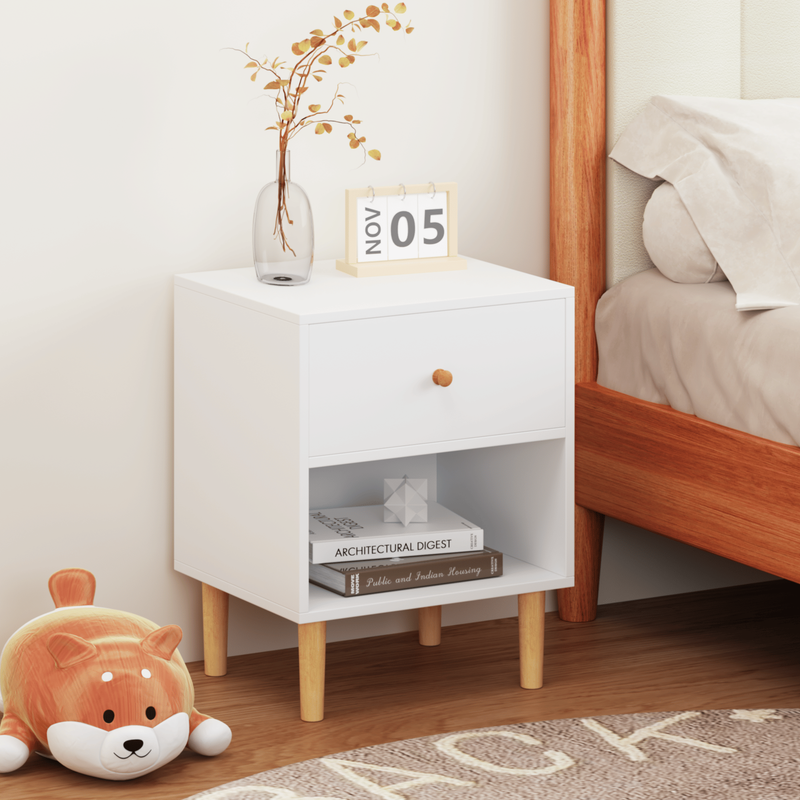 23.22"H Wooden Nightstand With One Drawer One Shelf For Kids, Adults, White_voghion.com