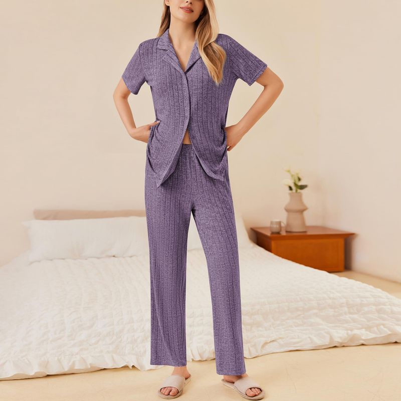 Herbst-Winter-Pyjama-Set für Damen, kurzärmelig, lange Hose, Blumengarn, gerippte Strickjacke, Umlegekragen_voghion.com