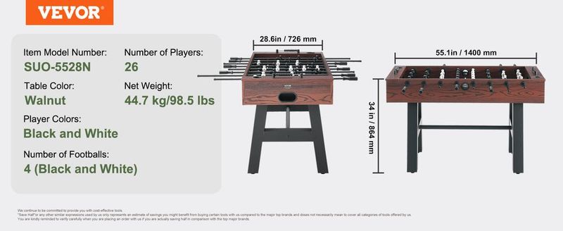 VEVOR Foosball Table, 55 Inch Standard Size Foosball Table, Indoor Full Size Foosball Table For Home, Family, And Game Room, Soccer With Foosball Table Set, Includes 4 Balls And 2 Cup Holders_voghion.com