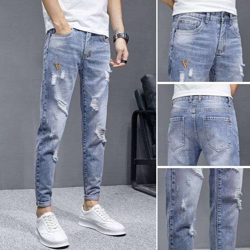 Ripped Jeans Men Summer Nine Points Slim Straight Loose Casual New Thin Style Beggar Pants_voghion.com
