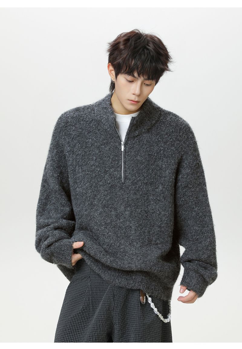 Half Zipper Stand-up Collar Pullover Sweater Men's Autumn And Winter Style Texture Warm Lazy Wind Loose Half Turtleneck Knitted Sweater Jacket_voghion.com