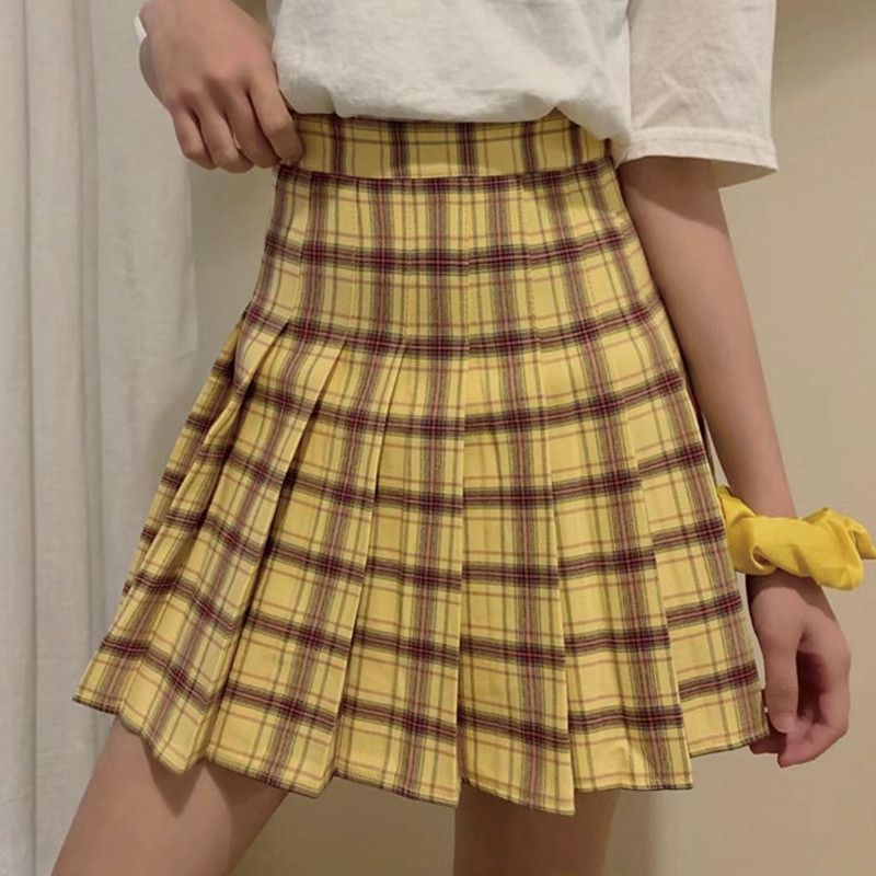 Gonna a pieghe a vita alta a quadri color caramella per donna, stile preppy, con minigonna morbida a quadri color caramella_voghion.com
