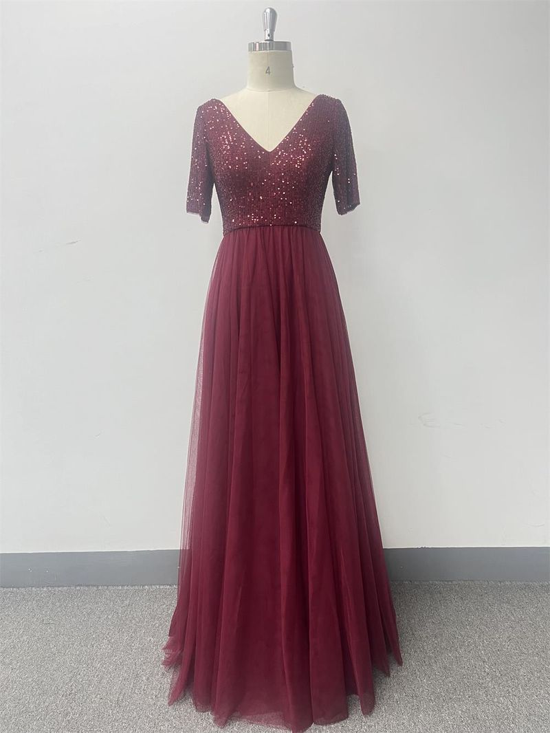 Damenbekleidung Elegantes Kurzarm-Spleißen-Doppel-V-Ausschnitt-A-Linien-Tüll-Abendkleid A-Linien-Paillettenkleid_voghion.com