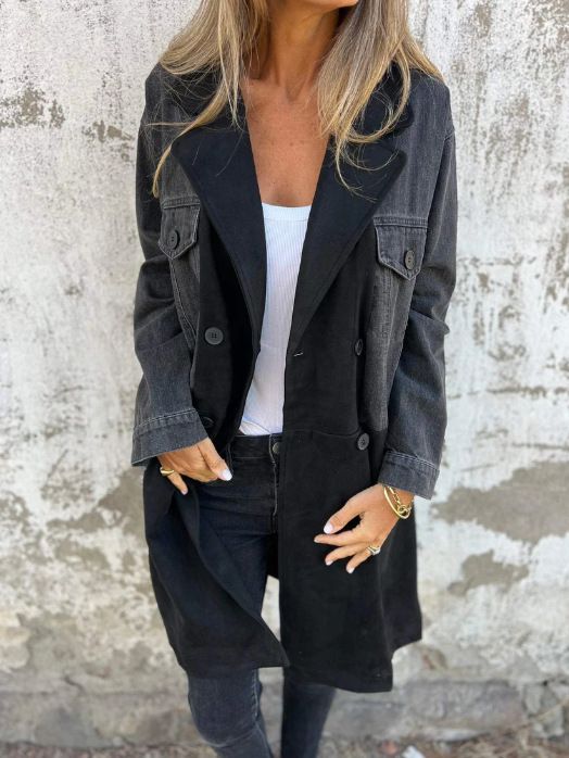Damenbekleidung Anzugkragen Denim Splicing Mittellanger Mantel für Damen_voghion.com