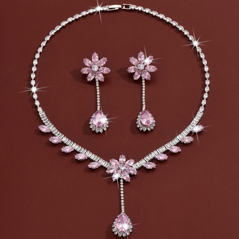 Women's Jewelry Set Fashion Trend Zircon Luxury Necklace Earrings Set Hot Style Wearing Skirt Pink Flower Tassel_voghion.com