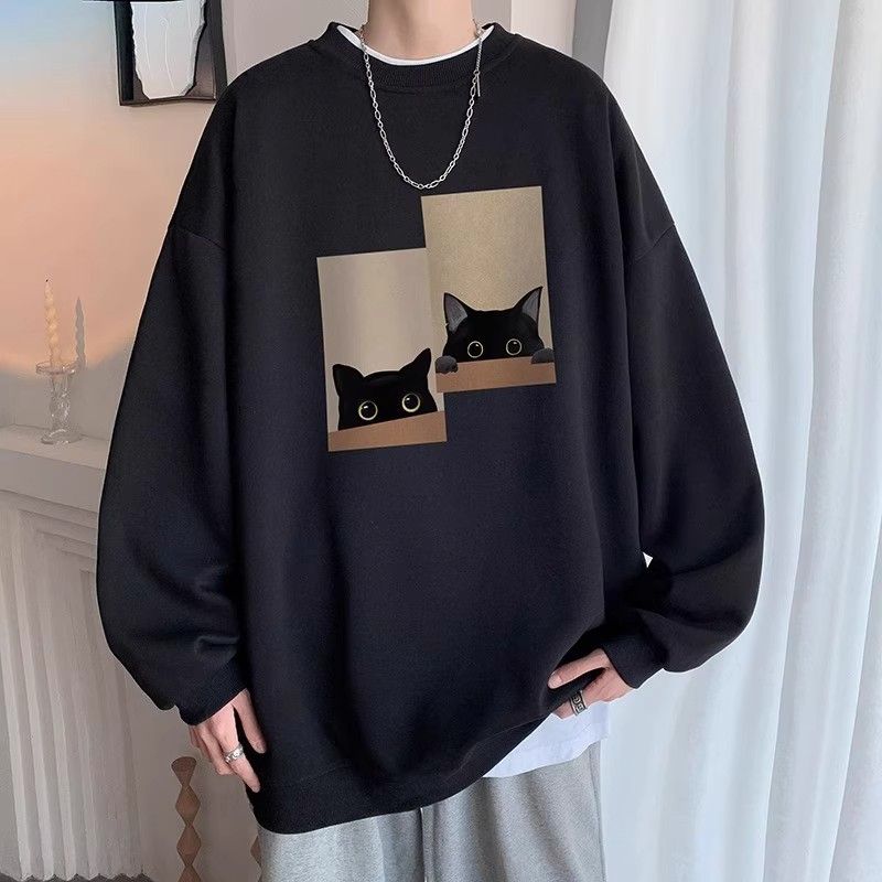 Felpa girocollo senza cappuccio con stampa di gatto pigro chic per uomo, giacca in pile alla moda per giovani, autunno inverno_voghion.com