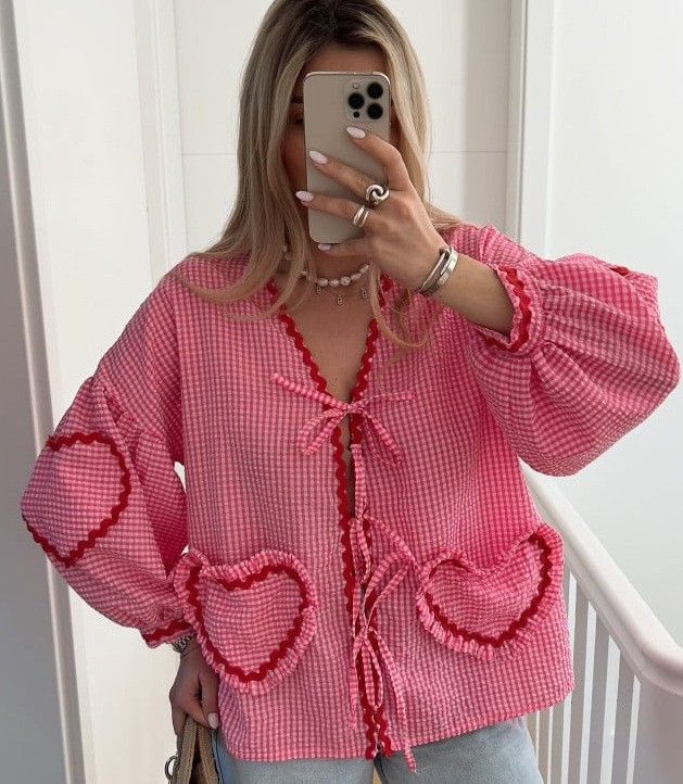 Women's Clothing Tie Front Top Leopard Print Ruffle Babydoll Top 3/4 Length Puff Sleeves_voghion.com