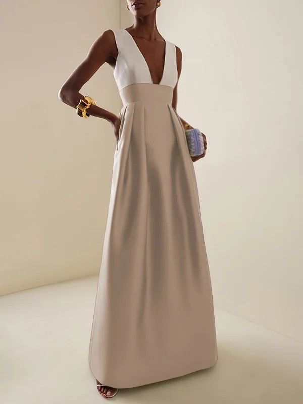 2025 Sommer Neue Damen Sexy Slim Fit Patchwork Tiefes V-Ausschnitt Split Abend Party Kleid_voghion.com