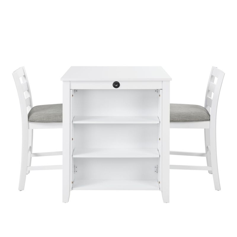 36" Modern Dining Table Set For 2 With Charging Station & 3-Tier Adjustable Storage | Space-Saving Kitchen Set With Upholstered Chairs For Small Spaces, Apartment,White_voghion.com