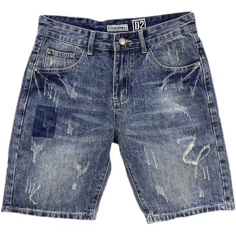 Vintage Light Blue Labeled Men's Denim Shorts - Slim Fit Stretch Summer Casual Shorts With Distressed Wash_voghion.com